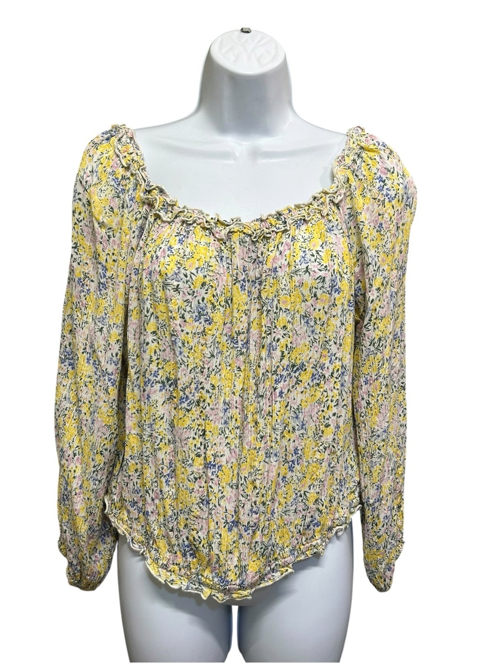 Dex Yellow Pink Floral Copper Metallic Thread Long Sleeve Peasant Blouse Size M